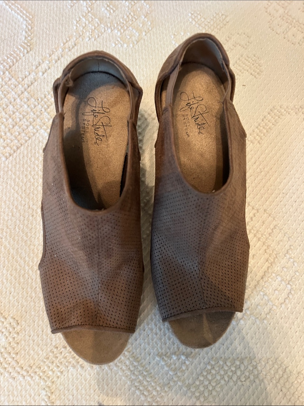 Life Stride Brown Perforated Peep-Toe Wedge Mules